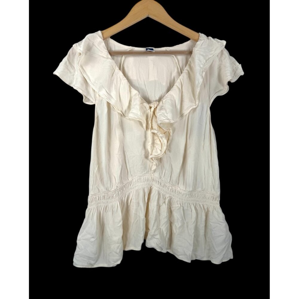 Old Navy Ruffle neck smocked babydoll‎ top cream Y2k 90s  XL